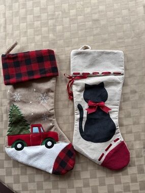 Hobby Lobby Red Truck & Black Cat Plaid Cuff Christmas Stockings